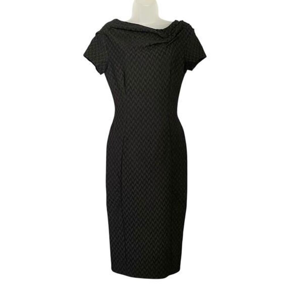 Nina Ricci Black Chevron Crepe Pinch-Pleat Asymmetrical Midi Wiggle Dress SS13